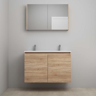 On-Line Badkamermeubelset - 100 cm - Voorgemonteerd - Greeploos 2 Deuren - Acryl Wastafel - 2 Kraangaten - Spiegelkast - Eiken