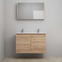 On-Line Badkamermeubelset - 100 cm - Voorgemonteerd - Greeploos 2 Deuren - Acryl Wastafel - 2 Kraangaten - Spiegelkast - Eiken - thumbnail