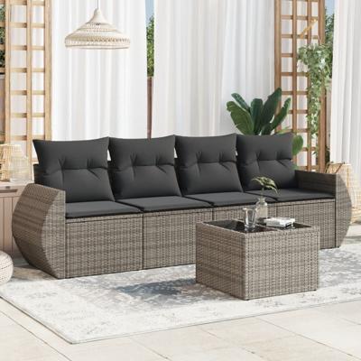 5-delige Loungeset met kussens poly rattan grijs - thumbnail