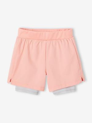 Sportshort 2 in 1 voor meisjes van technisch materiaal koraal