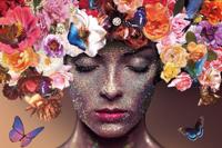 Foto Glas Art - Vrouw met glitter gezicht bloemen en vlinders, 80x120cm, multi-gekleurd, prachtig voor in de woon en of slaapkamer, inclusief ophang materiaal - thumbnail
