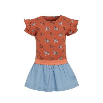 B.E.S.S baby jurk met all over print en ruches bruin/blauw