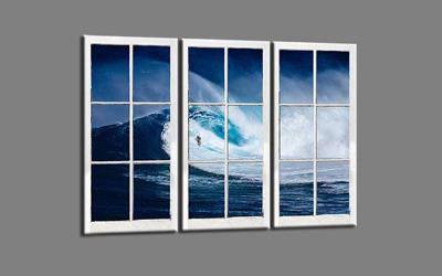 Schilderij - Uitzicht op golf, surfer, 120x80cm, 3 luik