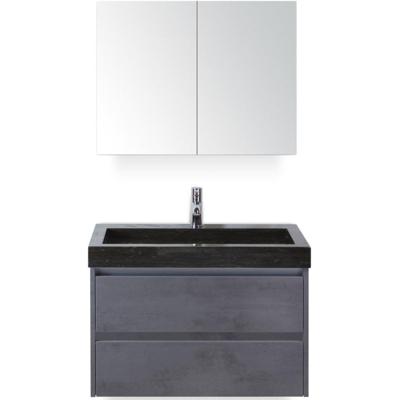Dante Badmeubelset 80 cm - Beton Antraciet - Wastafel Hardsteen Wit Lucca met Spiegelkast