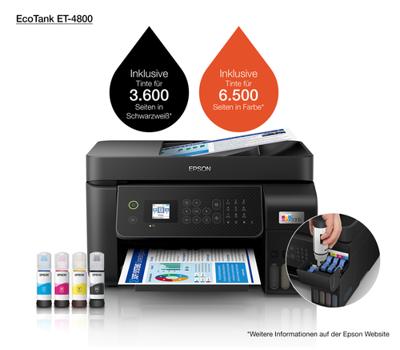 Epson EcoTank ET-4800 Multifunctionele printer Inkjet Kleur A4 Printen, scannen, kopiëren, faxen ADF, Duplex, LAN, USB, WiFi, Inktbijvulsysteem