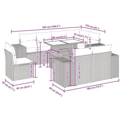 9-delige Loungeset met kussens poly rattan zwart