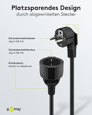 Goobay 93093 Gebogen stroomverlengkabel/geaarde stekker, 250 V, geaard contact, 3 meter stroomkabel, verlenging voor binnenshuis, zwart, 3 m