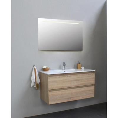 On-Line Badkamermeubelset - 100 cm - Voorgemonteerd - Porseleinen Wastafel - 1 Kraangat - Spiegel met LED-Verlichting - Eiken
