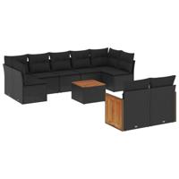 10-delige Loungeset met kussens poly rattan zwart - thumbnail