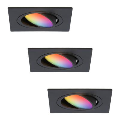 Set van 3 Mallorca - LED inbouwspot - IP20 - Kantelbaar - 5,5 Watt 345 Lumen - Wifi + Bluetooth - RGBWW - GU10 - Google Home, Amazon Alexa en Siri - Vierkant - Voor binnen - Zwart