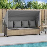 Ligbed met luifel en kussen poly rattanbeige - thumbnail