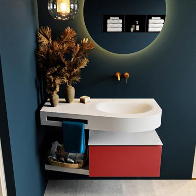 MONDIAZ RIVA 100cm badmeubel onderkast / planchet kleur Fire met 1 lade. Wastafel DULCET rechts 0 kraangaten kleur Talc.