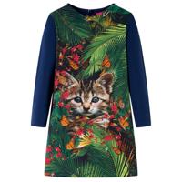 Kinderjurk met lange mouwen kattenprint 128 marineblauw - thumbnail