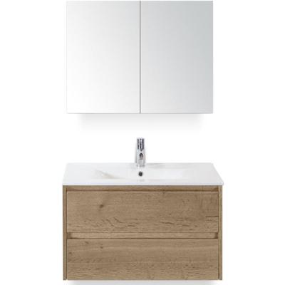 Dante Badmeubelset 80 cm - Natuur Eiken - Keramische Wastafel Wit Enjoy met Spiegelkast