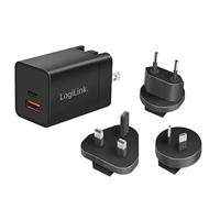 LogiLink GaN (galliumnitride) USB-snellaadadapter 30 W, PD3.0 + QC3.0, met adapters voor de VS, Canada, Europa, Australië en vele andere landen/regio's - thumbnail