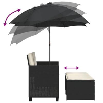 Tuinbank 2-zits met parasol en voetenbanken poly rattan zwart