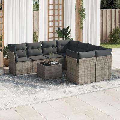 9-delige Loungeset met kussens poly rattan grijs