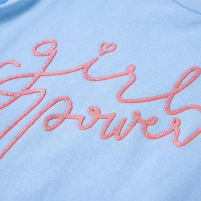 Kindershirt met ruches aan de mouwen glitterprint 140 lichtblauw Kindershirt met ruches aan de mouwen glitterprint 140 lichtblauw