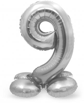 Zilverkleurig Folieballon Cijfer 9 Op Standaard (72 cm)