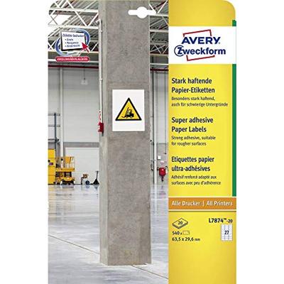 Avery-Zweckform Avery Zweckform L7874-20 sterk hechtende papieretiketten, 63,5 x 29,6 mm, 20 vellen/540 etiketten, wit L7874-20 ( 63.5 x 29.6 mm, Wit, 540
