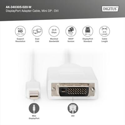 Digitus AK-340305-020-W DisplayPort-kabel Mini-displayport / DVI Adapterkabel Mini DisplayPort-stekker, DVI-D 24+1-polige stekker 2.00 m Wit Schroefbaar Digitus AK-340305-020-W DisplayPort-kabel Mini-displayport / DVI Adapterkabel Mini DisplayPort-stekker, DVI-D 24+1-polige stekker 2.00 m Wit Schroefbaar