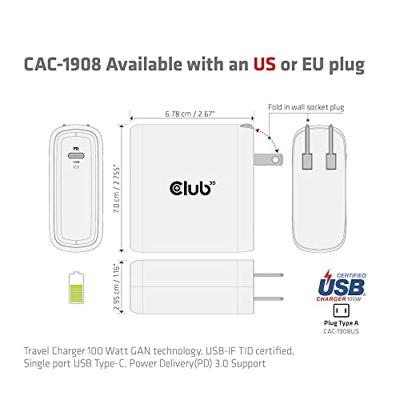 club3D CAC-1908 Laptop netvoeding 100 W 1x USB-C Zwart Binnen GaN, USB Power Delivery (USB-PD) - thumbnail