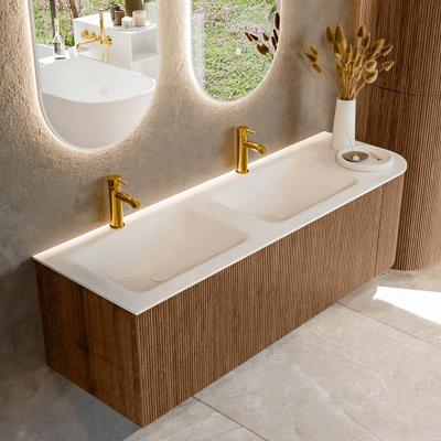 Mondiaz KURVE 145 cm Onderkast Greeploos 1 Lade Met Deuren Walnut, Wastafel Solid Surface Links Talc 2 Kraangaten Zonder Spiegel (KRVCLO145R1L1D2KD-Wal/Tal)