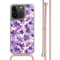 iPhone 14 Pro hoesje met rosegoud koord - Floral violet - thumbnail