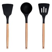 Alpina keukengerei set met houder 12 stuks siliconen gerei met houten handvat zwart - thumbnail