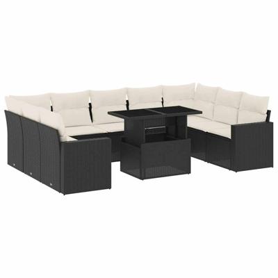10-delige Loungeset met kussens poly rattan zwart