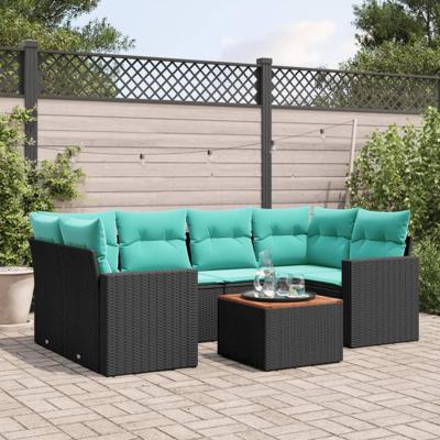 7-delige Loungeset met kussens poly rattan zwart