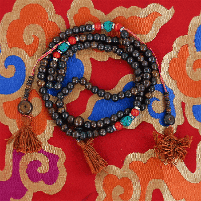 Mala Been 108x, Lichtbruin en Stenen met Dorje & Bell Tellers