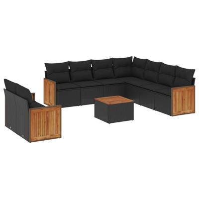 9-delige Loungeset met kussens poly rattan zwart
