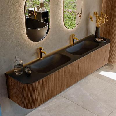 Mondiaz KURVE 200 cm Onderkast Greeploos 2 Lades Met Deuren Walnut, Wastafel Solid Surface Dubbel Urban 2 Kraangaten Zonder Spiegel (KRVBGS200L+R2L2D2KD-Wal/Urb)