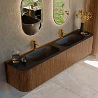 Mondiaz KURVE 200 cm Onderkast Greeploos 2 Lades Met Deuren Walnut, Wastafel Solid Surface Dubbel Urban 2 Kraangaten Zonder Spiegel (KRVBGS200L+R2L2D2KD-Wal/Urb) - thumbnail
