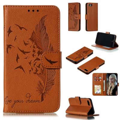 Feather patroon Litchi textuur horizontale Flip lederen draagtas met portemonnee & houder & kaartsleuven voor iPhone 8/7 (bruin)