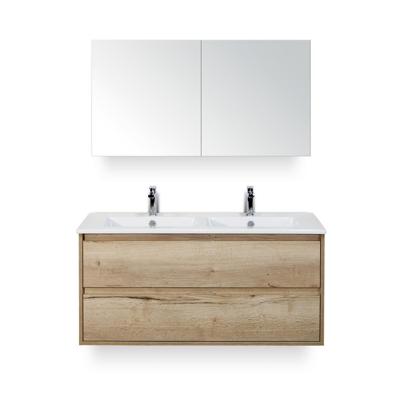 Porto Badmeubelset 120 cm - 2 laden Natuur Eiken - Keramische Wastafel Wit Slim - met Spiegelkast