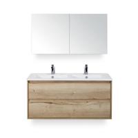 Porto Badmeubelset 120 cm - 2 laden Natuur Eiken - Keramische Wastafel Wit Slim - met Spiegelkast - thumbnail
