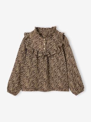 Blouse van katoengaas met zebraprint voor meisjes chocoladebruin