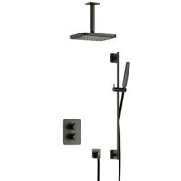 Hotbath Gal - Inbouw Regendoucheset - Geborsteld Gunmetal PVD - Thermostatisch - Plafondbuis 15 cm - Hoofddouche 220 mm - Staafhanddouche - Glijstang 900 mm - met 2-Weg Stop-Omstel - thumbnail