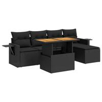 6-delige Loungeset met kussens poly rattan zwart - thumbnail