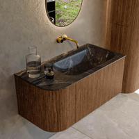 Mondiaz KURVE-DLUX 95 cm Onderkast Greeploos 1 Lade Met Deuren Walnut, Wastafel Solid Surface Rechts Lava 0 Kraangaten Zonder Spiegel (KRVBGS95L1L1D0KR-Wal/Lav) - thumbnail