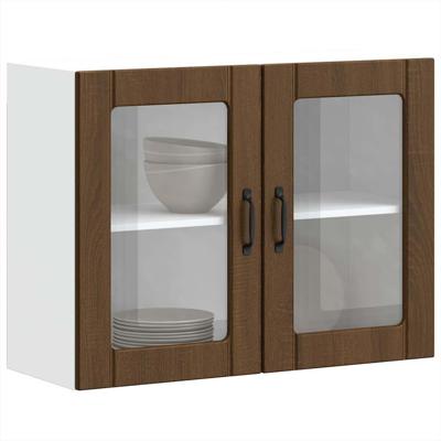 Keukenbovenkast met glazen deur bewerkt hout bruin eikenkleur