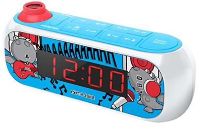 Muse M-167 KDB Kinderwekker met digitale FM-radio en sterrenprojectie (2 wektijden, display met dimmer, AUX-In) blauw/wit met grappige stripmotieven