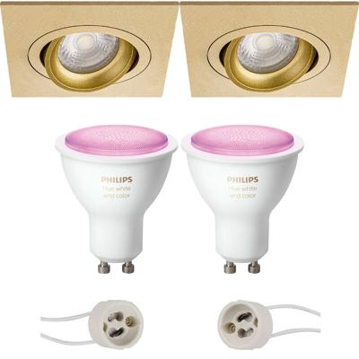 Pragmi Borny Pro - Inbouw Vierkant - Mat Goud - Kantelbaar - 92mm - Philips Hue - LED Spot Set GU10 - White and Color Ambiance - Bluetooth