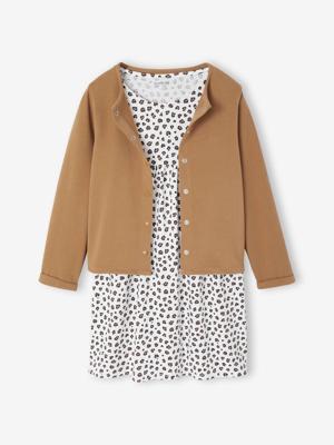 Set met vest en bloemenjurk meisje kameel