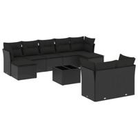 10-delige Loungeset met kussens poly rattan zwart - thumbnail
