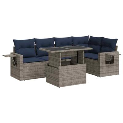 6-delige Loungeset met kussens poly rattan acacia grijs
