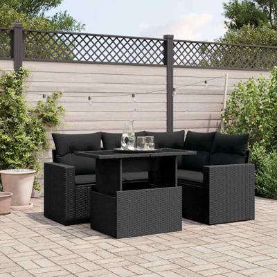 5-delige Loungeset met kussens poly rattan zwart