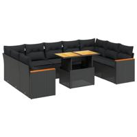 10-delige Loungeset met kussens poly rattan acacia zwart - thumbnail